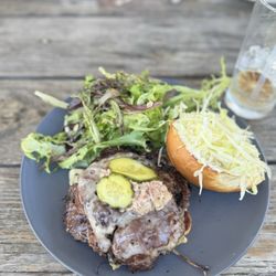 Little Fish Brewing Company - Double smash burger with Swiss cheese and bacon jam