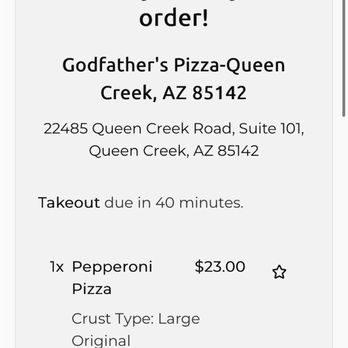 Godfather’s Pizza - Receipt confirmation from online order - Pizza Near Me - Queen Creek, Arizona