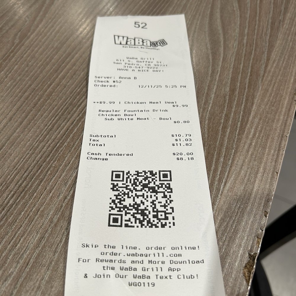 WaBa Grill - Receipt - Fast Food Near Me - San Pedro, California WaBa Grill - Receipt - Fast Food Near Me - San Pedro, California