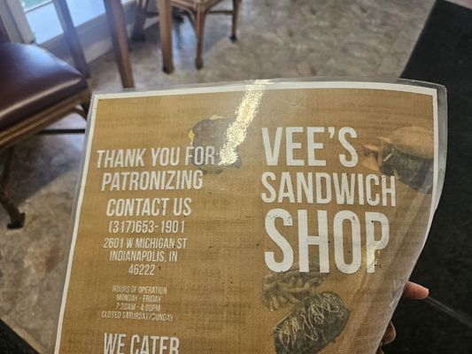 Menu photo 2 vee’s sandwich shop Indianapolis, IN Menu photo 2 vee’s sandwich shop Indianapolis, IN