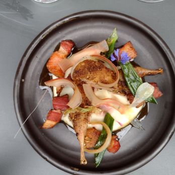 Salazar - Spice Crusted Quail - $22 bacon lardons, spring onion, kohlrabi puree, shaved rhubarb, rhubarb gastrique - New American Near Me - Cincinnati, Ohio