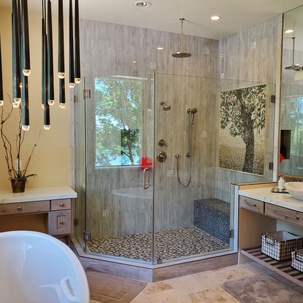 All American Construction Pro - Custom vanities,  large shower, custom mural, led lighting, Bluetooth speaker, custom sink & counter tops and frame less shower glass walls. - Kitchen & Bath Near Me - Roseville, California