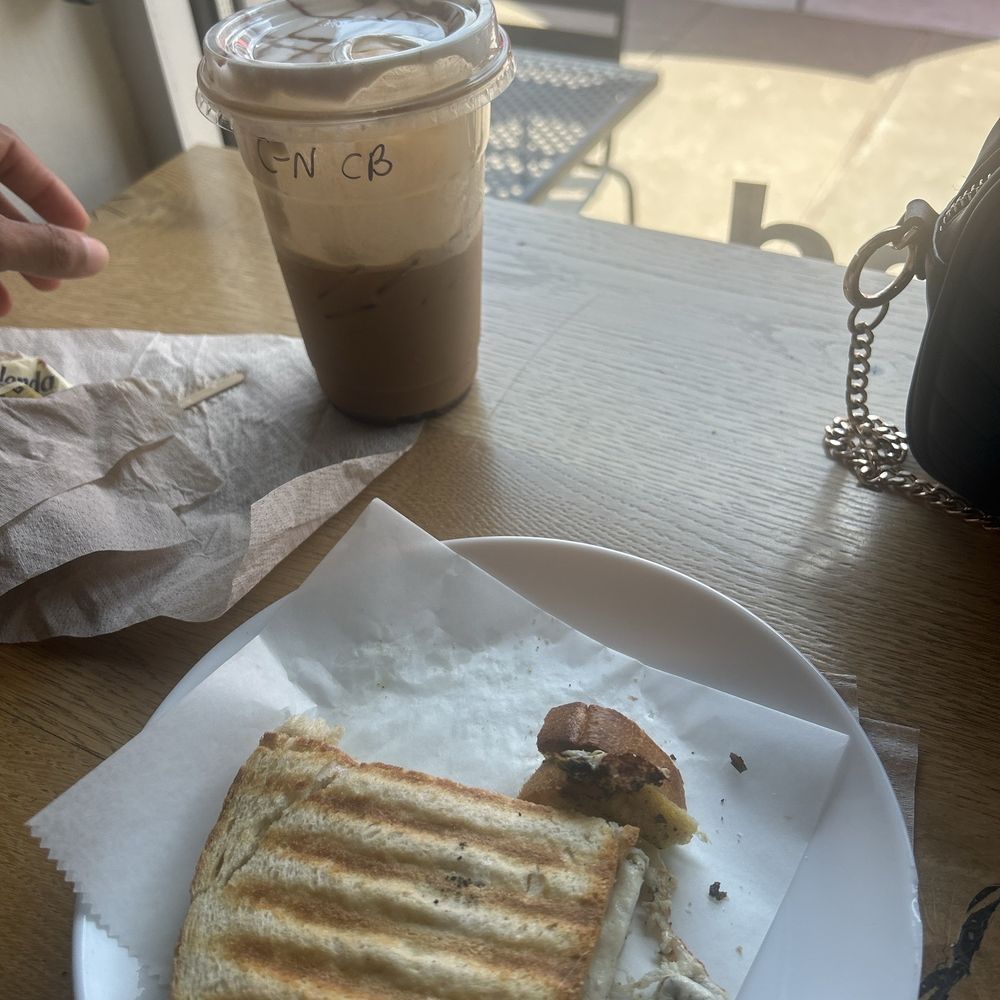 Coconut cold brew and chicken & mozzarella panini Coconut cold brew and chicken & mozzarella panini
