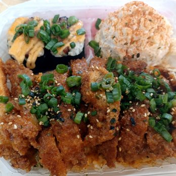 Shootz - Kimchi butter katsu chicken ($12.99) with spam musubi. - Hawaiian Near Me - Ontario, California Shootz - Kimchi butter katsu chicken ($12.99) with spam musubi. - Hawaiian Near Me - Ontario, California