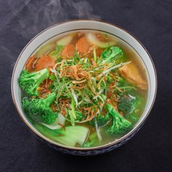 Pho Lab - Vegetarian noodle soup( veggie broth)-brocolli, bok choy, carrots, baby corns, and tofu ( Fried or Soft) topped with fried onions
