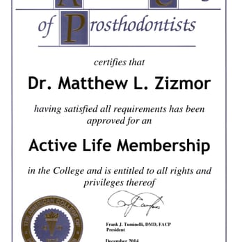 Matthew Zizmor, DDS - American College of Prosthodontists Lifetime Membership Certificate. - General Dentistry Near Me - Chestnut Hill, Massachusetts