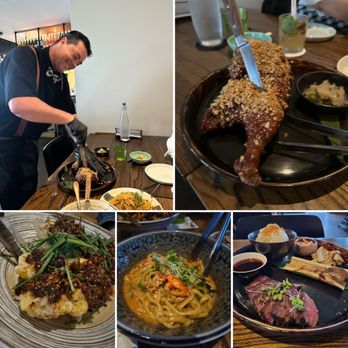 Lineage - Mains- Christian cutting our 1/2 Korean chicken, Crispy Lapa'au Farm Cauliflower, lobster noodles, Wagyu Kalbi Short Rib- all delicious! - Asian Fusion Near Me - Wailea, Hawaii Lineage - Mains- Christian cutting our 1/2 Korean chicken, Crispy Lapa'au Farm Cauliflower, lobster noodles, Wagyu Kalbi Short Rib- all delicious! - Asian Fusion Near Me - Wailea, Hawaii
