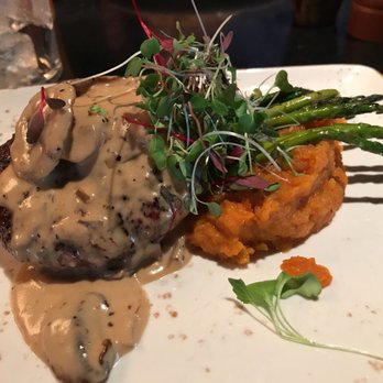 Roost - Special - Hamburger Steak, Whipped Caramel Sweet Potatoes and Asparagus - New American Near Me - Greenville, South Carolina
