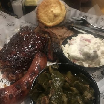Smokin' Dave's BBQ - Three meat and two side combo: Seasoned Collard Greens Texas Beef Brisket Texas BBQ Sausage St. Louis Pork Ribs Potato Salad - Barbeque Near Me - Denver, Colorado Smokin' Dave's BBQ - Three meat and two side combo: Seasoned Collard Greens Texas Beef Brisket Texas BBQ Sausage St. Louis Pork Ribs Potato Salad - Barbeque Near Me - Denver, Colorado