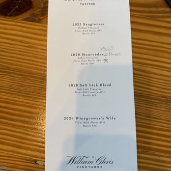 William Chris Vineyards - Tasting menu - Wineries Near Me - Hye, Texas William Chris Vineyards - Tasting menu - Wineries Near Me - Hye, Texas