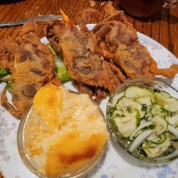 Barbely's - Softshell crab, corn pudding and pickled cucumber salad.