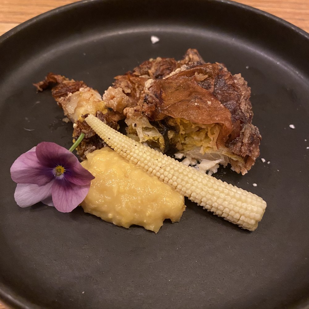 Sushi Lab Rooftop - Fried soft shell crab with corn puree - Japanese Near Me - New York, New York Sushi Lab Rooftop - Fried soft shell crab with corn puree - Japanese Near Me - New York, New York