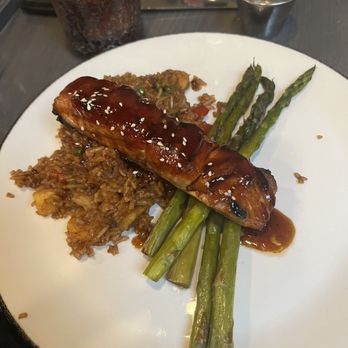 The Beaumont - Thai Chili and Teriyaki glazed Norwegian Salmon with asparagus and pineapple fried rice - Steakhouses Near Me - Catonsville, Maryland The Beaumont - Thai Chili and Teriyaki glazed Norwegian Salmon with asparagus and pineapple fried rice - Steakhouses Near Me - Catonsville, Maryland