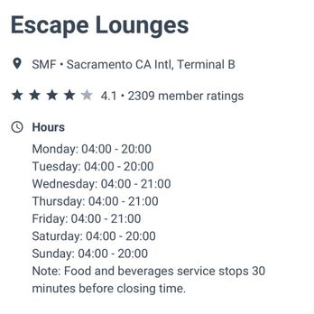 Escape Lounges - Hours (per the Priority Pass app) - Lounges Near Me - Sacramento, California Escape Lounges - Hours (per the Priority Pass app) - Lounges Near Me - Sacramento, California