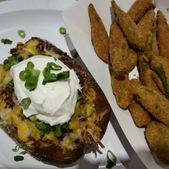 Oklahoma Joe's BBQ and Catering - Chopped Brisket baked potato w/ whole fried Okra - Barbeque Near Me - Tulsa, Oklahoma Oklahoma Joe's BBQ and Catering - Chopped Brisket baked potato w/ whole fried Okra - Barbeque Near Me - Tulsa, Oklahoma