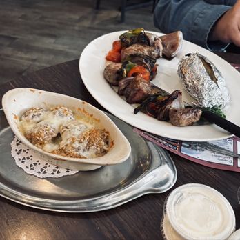 Riverview Restaurant - Beef kabobs with baked potato and stuffed mushrooms - American Near Me - Moosup, Connecticut Riverview Restaurant - Beef kabobs with baked potato and stuffed mushrooms - American Near Me - Moosup, Connecticut