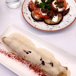 Xampú - Primero: mushroom & crab crepe and grilled eggplant mozzarella tomato salad