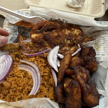 Spice Kitchen West African Grill - Shrimp Suya (Regular) with Jollof Rice and Plantains - African Near Me - Hyattsville, Maryland