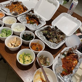 Pine Tree House - Kimchi pancake, calamari stir-fried, galbi Jim, kimchi tofu, complimentary side dishes, also give us 3 boxes of rice! - Korean Near Me - Sacramento, California