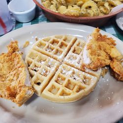 Longhorn Cafe - Chicken and waffles. Wow tbe chicken was tender and tasty. The waffles was soft I perfer a harder waffles but it was good.