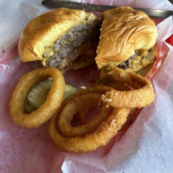 The Burger Factory - Double Cheeseburger with some onion rings - not the whole order - Hot Dogs Near Me - San Antonio, Texas The Burger Factory - Double Cheeseburger with some onion rings - not the whole order - Hot Dogs Near Me - San Antonio, Texas