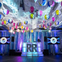 Boom Balloons - Back drop of linked balloons and beach ball over the dance floor.