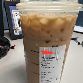 Starbucks - Venti iced vanilla latte with "EXTRA ICE" -BS - Coffee & Tea Near Me - Chatsworth, California Starbucks - Venti iced vanilla latte with "EXTRA ICE" -BS - Coffee & Tea Near Me - Chatsworth, California