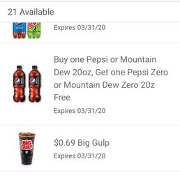 Location selected (upper left corner) for current promotions, and showing the $.69 BigGulp.