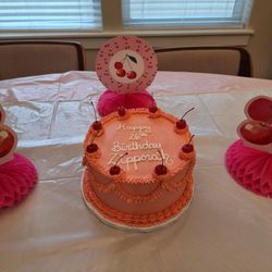 Cakes by Blythe - Birthday cake with strawberry cake and pink icing and cherries on top, exactly what the client imagined!