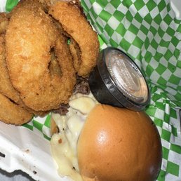 Swiss & Shroom Burger with onion rings