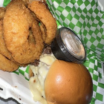 Smith Burger Co - Swiss & Shroom Burger with onion rings - Food Trucks Near Me - Champaign, Illinois