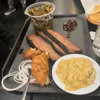 Horn Barbecue - Brisket, collard greens, Mac and cheese and a buttermilk chicken strip - Barbeque Near Me - Oakland, California