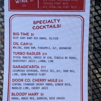 The Garage - a menu for a wine bar - Bars Near Me - Sister Bay, Wisconsin
