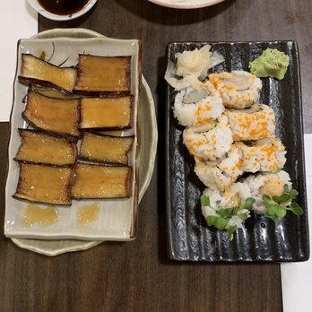 Maneki - Miso dengaku (eggplant) and spicy creamy scallop roll - Japanese Near Me - Seattle, Washington Maneki - Miso dengaku (eggplant) and spicy creamy scallop roll - Japanese Near Me - Seattle, Washington