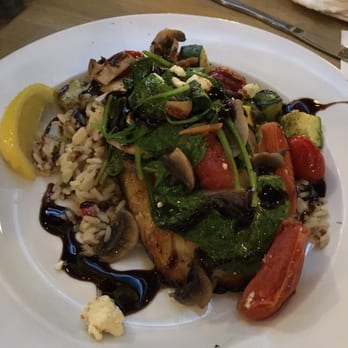 Black Pelican - Catch of the day with veggies, spinach, rice pilaf, and balsamic reduction. - Pizza Near Me - Chesapeake, Virginia Black Pelican - Catch of the day with veggies, spinach, rice pilaf, and balsamic reduction. - Pizza Near Me - Chesapeake, Virginia