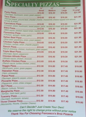 Menu photo 2 Francesco's Brothers Pizzaria Bensenville, IL Menu photo 2 Francesco's Brothers Pizzaria Bensenville, IL