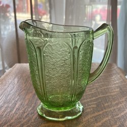 Uranium Vaseline Glass Pitcher, Jeannette Cherry Blossom pattern