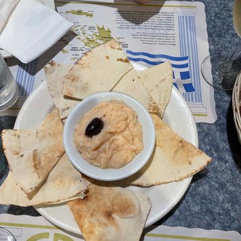 Desfina Restaurant - a plate of pita chips and dip - Greek Near Me - Cambridge, Massachusetts