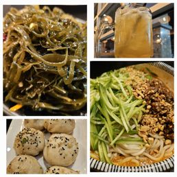 Seaweed salad, Pan Fried Pork Bao, dan dan Noodles, and iced lemon green tea. Seaweed salad, Pan Fried Pork Bao, dan dan Noodles, and iced lemon green tea.