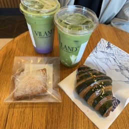 Uji Tofu Matcha, Ube Matcha Latte, Beignets, Pistachio Croissant Uji Tofu Matcha, Ube Matcha Latte, Beignets, Pistachio Croissant