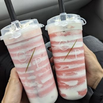 Cafe Pruvia - Strawberry Swirl  (left: regular sweetness. Right: extra sweet) - Bubble Tea Near Me - Gardena, California