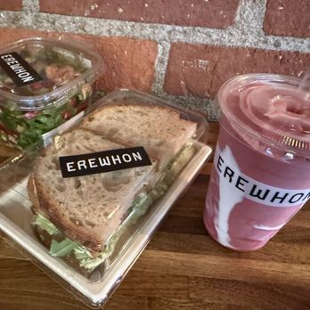 Erewhon - Arugula w/fig salad? Chicken roti sandwich, Strawberry Glaze smoothie (Hailey Bieber) - Organic Stores Near Me - Los Angeles, California Erewhon - Arugula w/fig salad? Chicken roti sandwich, Strawberry Glaze smoothie (Hailey Bieber) - Organic Stores Near Me - Los Angeles, California