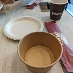 Disposable cutlery, bowls, plates, and cups.