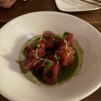 Uchi Charlotte - akami te - bluefin tuna, watermelon, trinity herb purée - Japanese Near Me - Charlotte, North Carolina Uchi Charlotte - akami te - bluefin tuna, watermelon, trinity herb purée - Japanese Near Me - Charlotte, North Carolina