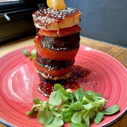 Gloria Hoyos - Eggplant Tower with Tomatoes, Goat Cheese and Cane Syrup