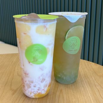 Jam Jam Tea Lab - Left- Coconut Mango Pomelo Right- Green Grape Smash with Aloe Vera - Bubble Tea Near Me - Irvine, California Jam Jam Tea Lab - Left- Coconut Mango Pomelo Right- Green Grape Smash with Aloe Vera - Bubble Tea Near Me - Irvine, California