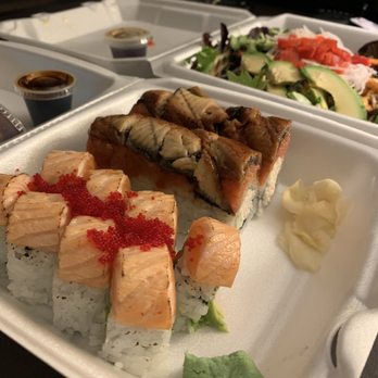 Omokase - giant philly roll and eel roll and salmon skin salad - Sushi Bars Near Me - Rancho Cucamonga, California