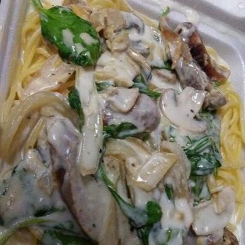 Win-Spuntino - Pasta with onions and Alfredo sauce. Sliced Italian sausage and spinach was added in. - Italian Near Me - Honolulu, Hawaii