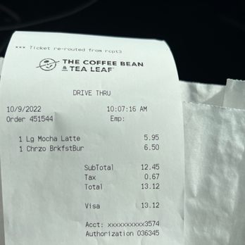 The Coffee Bean & Tea Leaf - Receipt - Coffee & Tea Near Me - Commerce, California The Coffee Bean & Tea Leaf - Receipt - Coffee & Tea Near Me - Commerce, California
