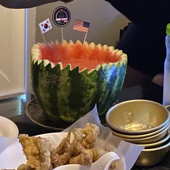 One Shot Pocha - Whole Watermelon Soju: Fun for groups, but overpriced and the pineapple is better - Korean Near Me - Houston, Texas
